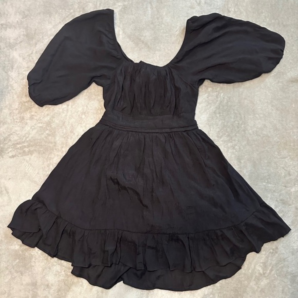 Cottagecore Dress Size L Black Puff Sleeve Whimsigoth Peasant Prairie Tie Back